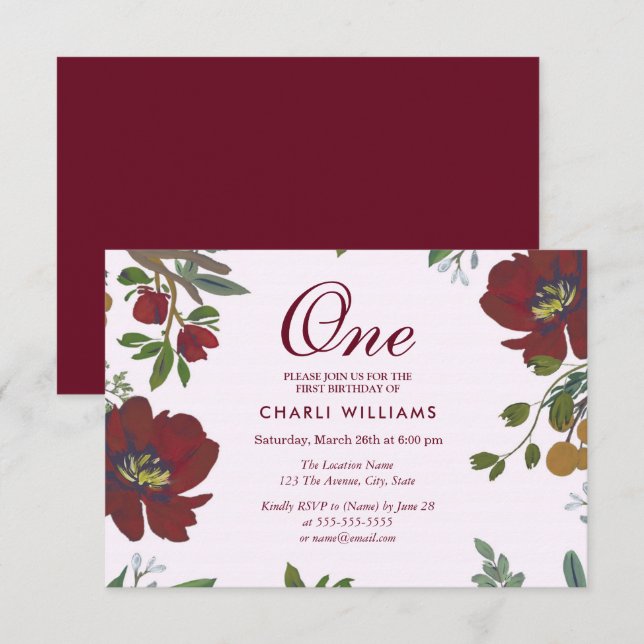 Tropical Burgundy Flower 1st Birthday Party Invite (Front/Back)