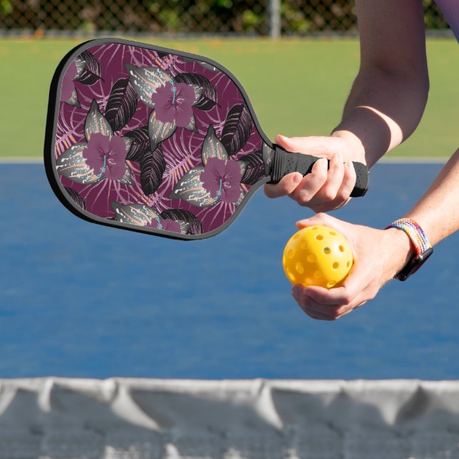 Tropical Burgundy Hibiscus Floral Carbon Fiber Pickleball Paddle (Insitu)