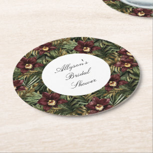 Tropical Burgundy Red Orchid Floral Bridal Shower Round Paper Coaster