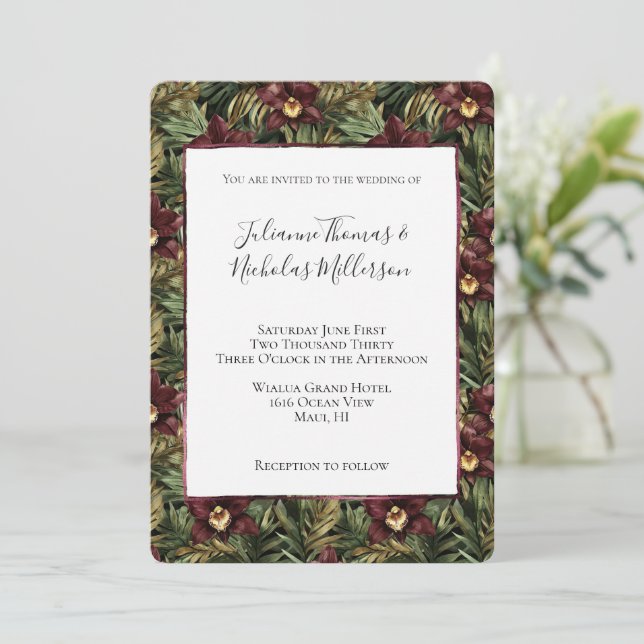 Tropical Burgundy Red Orchid Floral Wedding  Invitation (Standing Front)