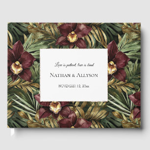 Tropical Burgundy Red Orchids Floral Wedding Guest Book