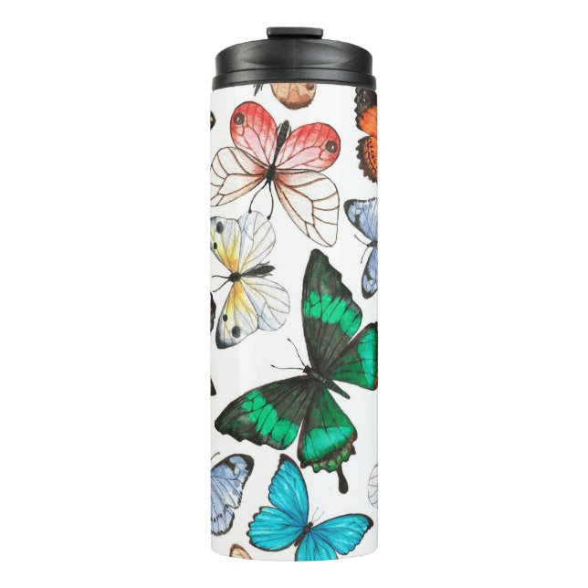 Tropical butterflies: colorful watercolor pattern. thermal tumbler (Front)