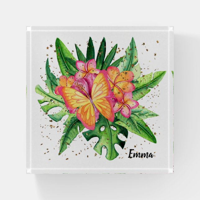 Tropical Butterfly & Flowers Paperweight (Front)