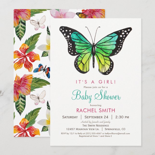 Tropical Butterfly Girl Baby Shower Invitation (Front/Back)