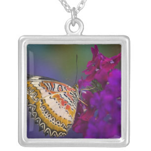 Tropical Butterfly on Purple Flowers Silver Plated Necklace