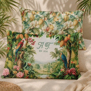 Tropical Cacao Parrots Flower Watercolor Monogram Pillow Case