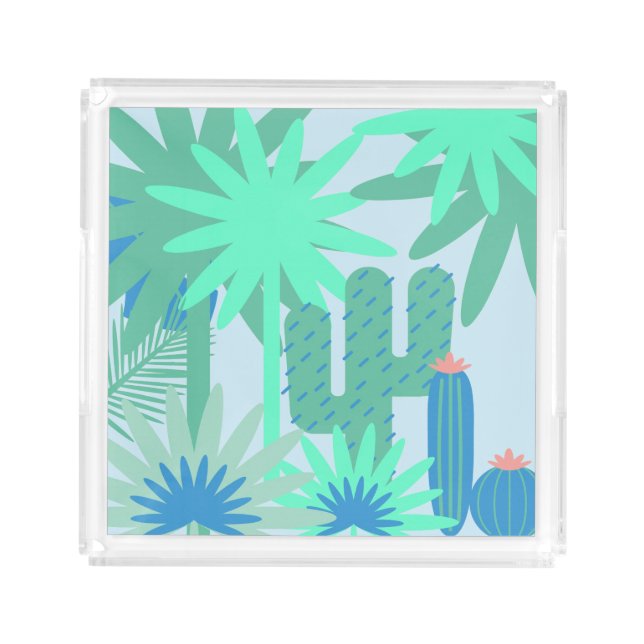 Tropical Cactus and Fauna Green and Blue Acrylic Tray (Front)