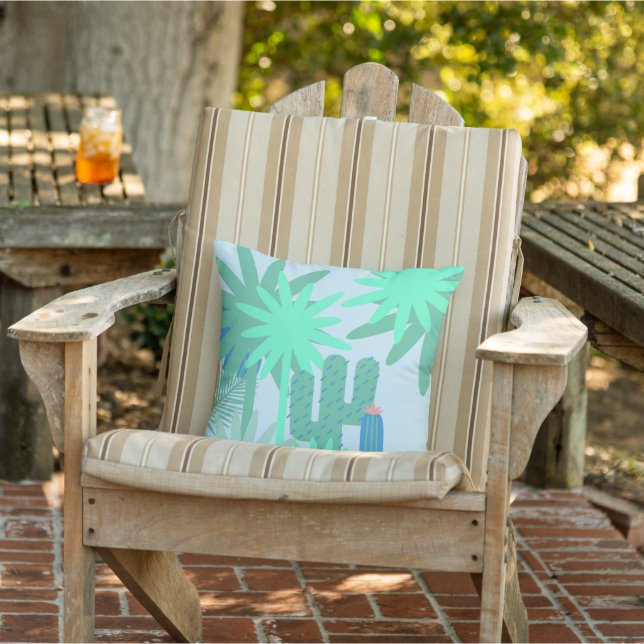 Tropical Cactus and Fauna Green and Blue Outdoor Pillow (Chair)