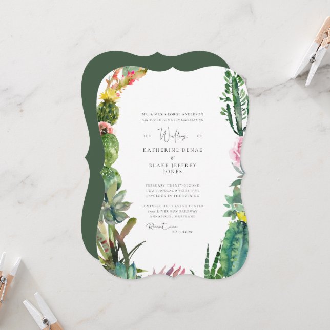 Tropical Cactus Emerald Green Wedding Invitation (Front/Back In Situ)