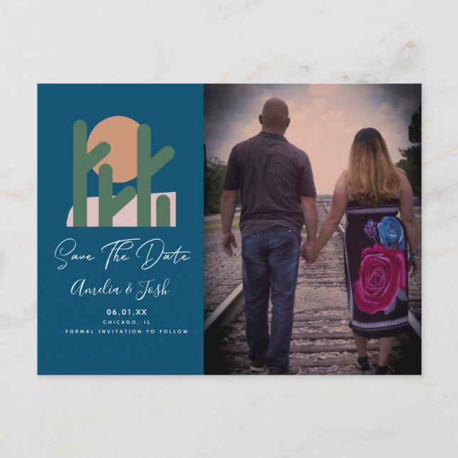 Tropical Cactus Navy Save the Date Photo Postcard (Front)