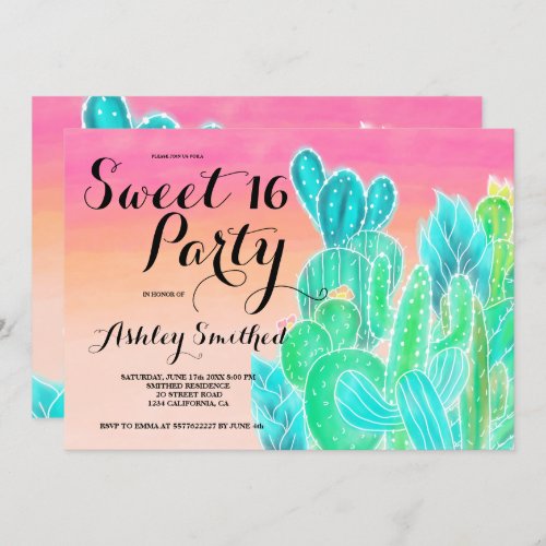 Tropical cactus pink ombre watercolor Sweet 16 Invitation