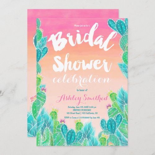 Tropical cactus watercolor bridal shower invitation