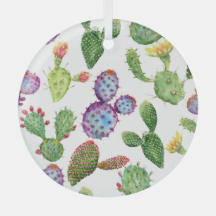 Tropical Cactus: Watercolor Seamless Pattern Glass Ornament