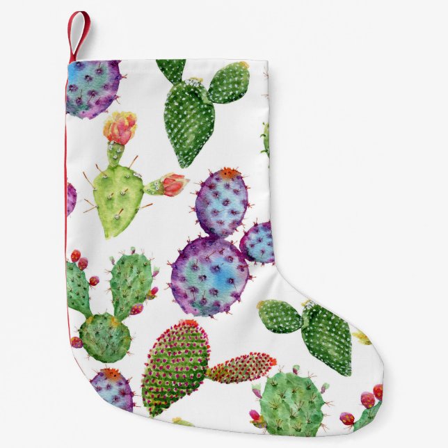 Tropical Cactus: Watercolor Seamless Pattern Small Christmas Stocking (Front)