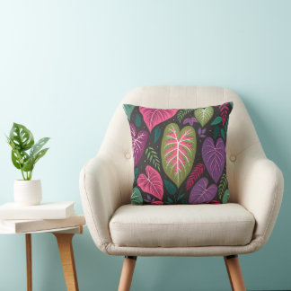 Tropical Caladium Leaves Pattern Pillow – Deep Pur