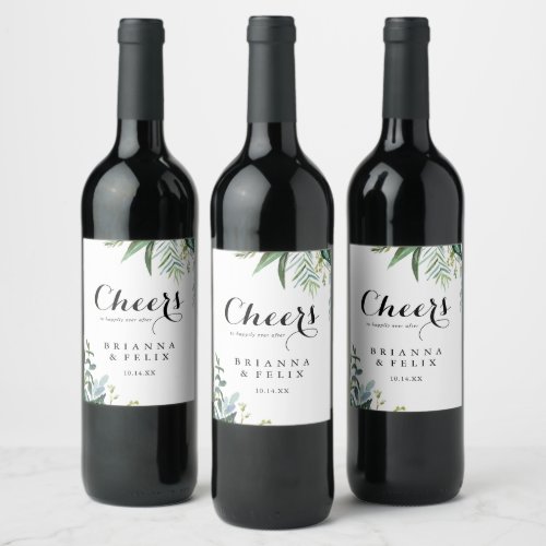 Tropical Calligraphy Cheers Wedding Wine Labels