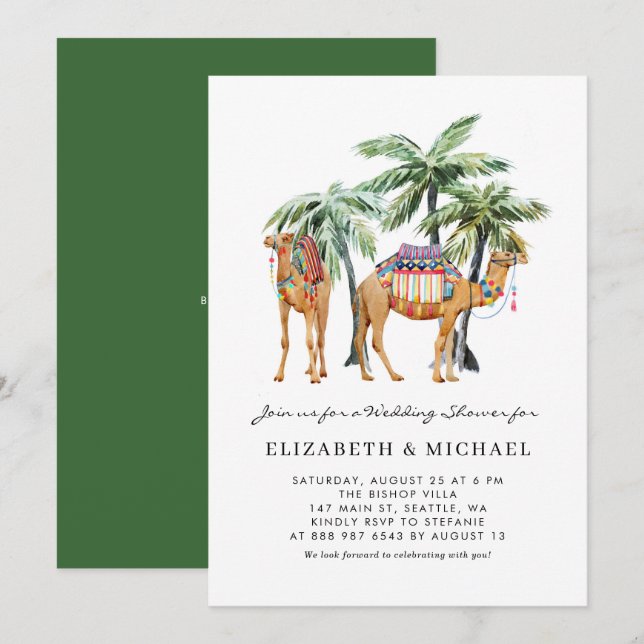 Tropical Camels Palm Trees Desert Wedding Shower Invitation (Front/Back)