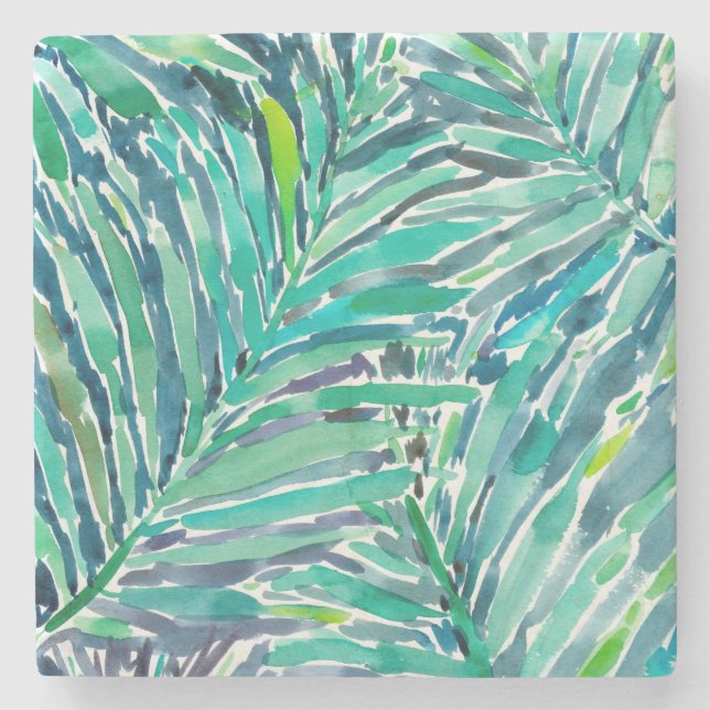 Tropical Canopy Palm Jungle Watercolor Print Stone Coaster (Front)