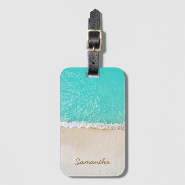 Tropical Caribbean Beach, Waves, and Sand Luggage Tag (Front Vertical)