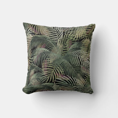 Tropical Caribbean Palm Leaves Watercolor on black Throw Pillow