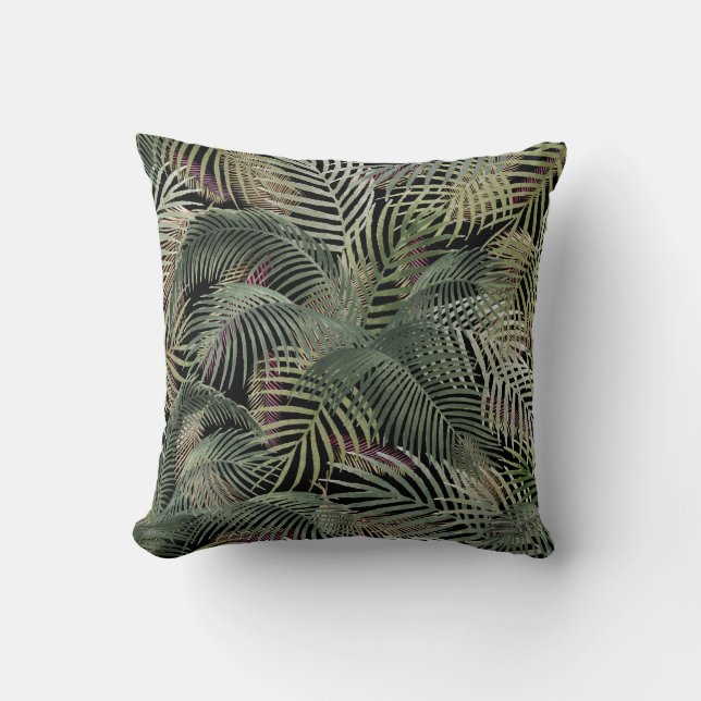 Tropical Caribbean Palm Leaves Watercolor on black Throw Pillow (Front)