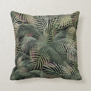 Tropical Caribbean Palm Leaves Watercolor on black Throw Pillow
