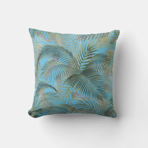 Tropical Caribbean Palm Leaves Watercolor on blue Throw Pillow