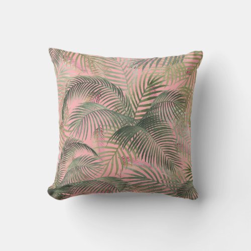 Tropical Caribbean Palm Leaves Watercolor on pink Throw Pillow