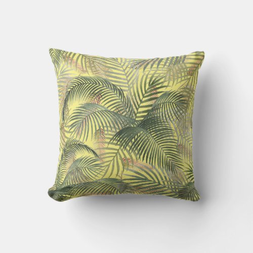 Tropical Caribbean Palm Leaves Watercolor yellow Throw Pillow