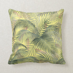 Tropical Caribbean Palm Leaves Watercolor yellow Throw Pillow