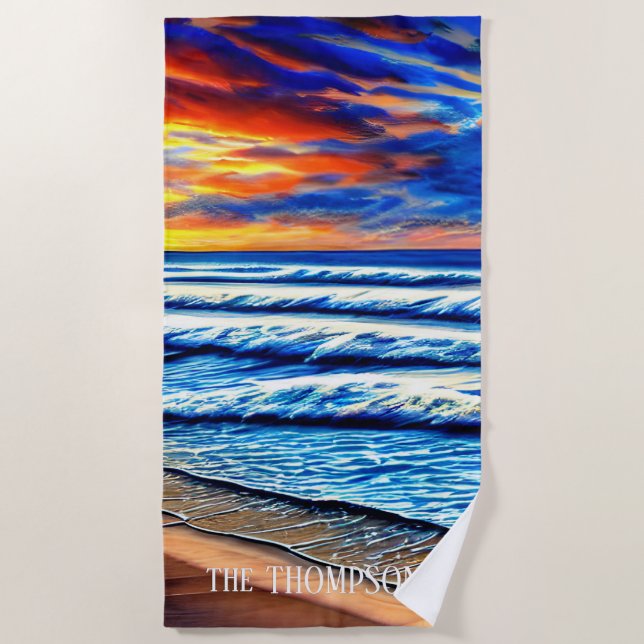 Tropical Caribbean Sunset over Clear Ocean Beach Towel (Front)