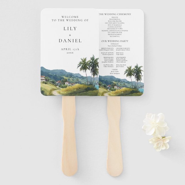 Tropical Caribbean Wedding Program Hand Fan (Front and Back)