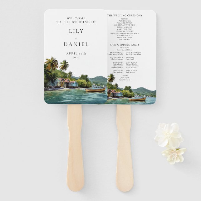Tropical Caribbean Wedding Program Hand Fan (Front and Back)