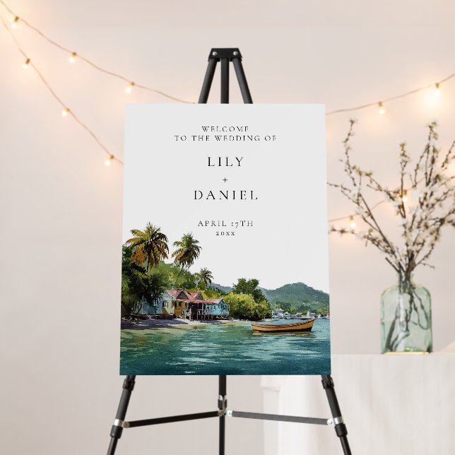 Tropical Caribbean Wedding Welcome Sign (In Situ (Stand))
