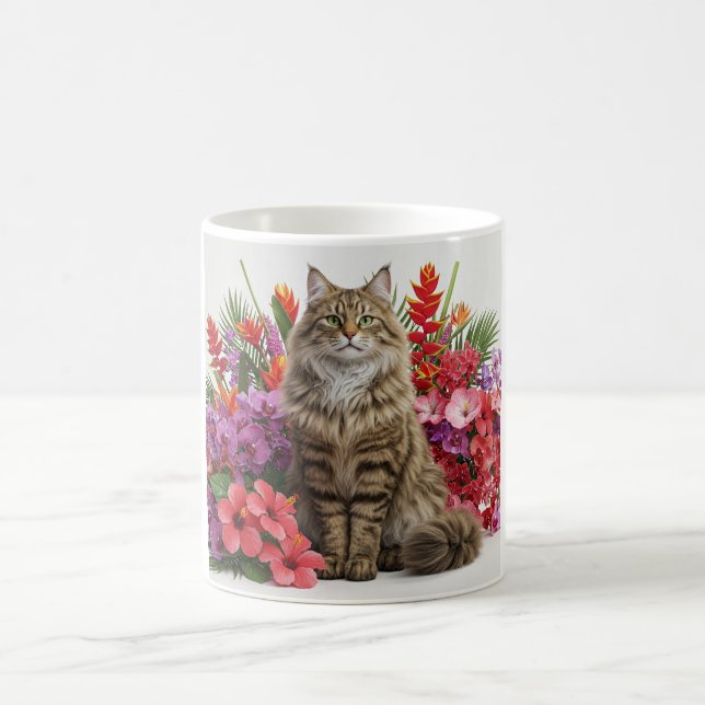 Tropical Cat Floral Ceramic Mug Design. (Center)