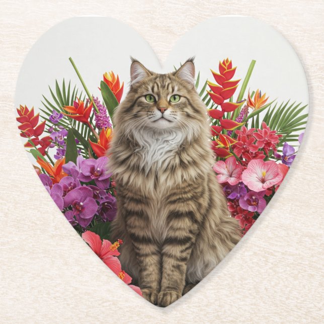 Tropical Cat Heart Paper Coasters Design. (Front)