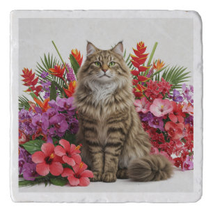 Tropical Cat Marble Kitchen Trivet Design.