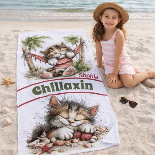 Tropical Cat Paradise with Relaxed Coastal Charm Beach Towel