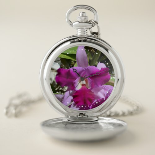 Tropical Cattleya Orchid Flower Pocket Watch