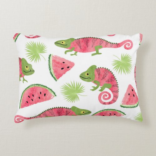 Tropical chameleons watermelons cute pattern accent pillow