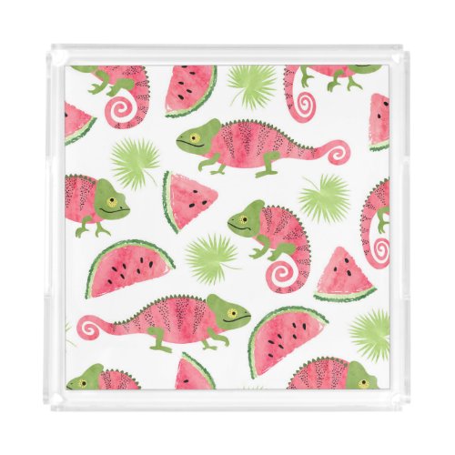 Tropical chameleons watermelons cute pattern acrylic tray