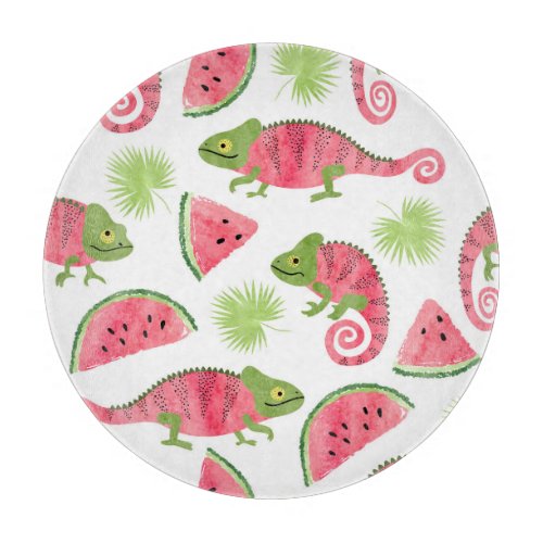 Tropical chameleons watermelons cute pattern cutting board