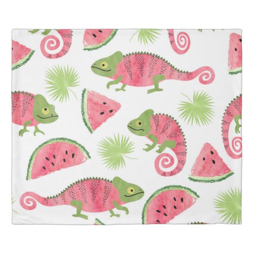 Tropical chameleons watermelons cute pattern duvet cover