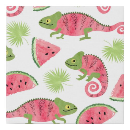 Tropical chameleons watermelons cute pattern faux canvas print