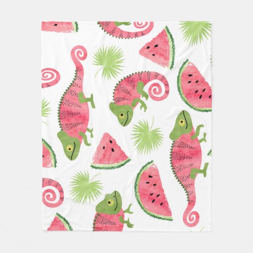 Tropical chameleons watermelons cute pattern fleece blanket