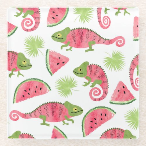 Tropical chameleons watermelons cute pattern glass coaster