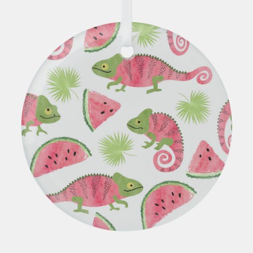 Tropical chameleons watermelons cute pattern glass ornament