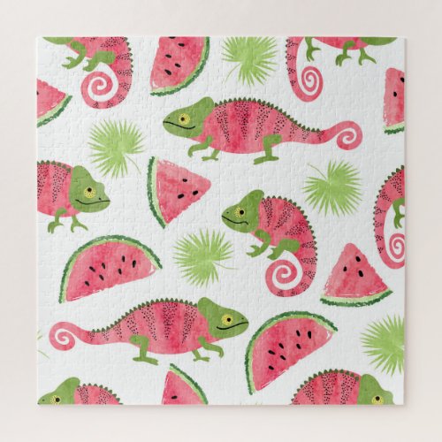 Tropical chameleons watermelons cute pattern jigsaw puzzle