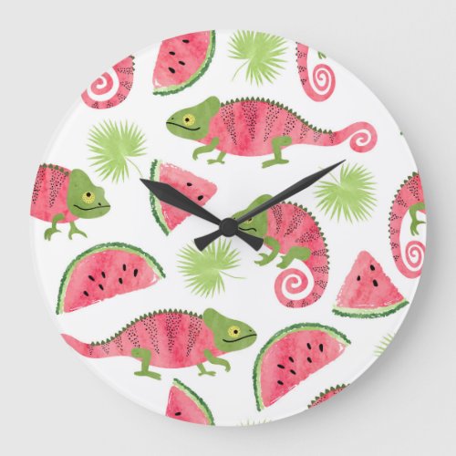 Tropical chameleons watermelons cute pattern large clock