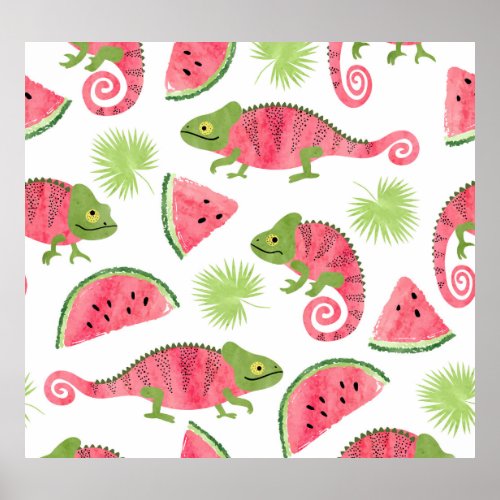 Tropical chameleons watermelons cute pattern poster